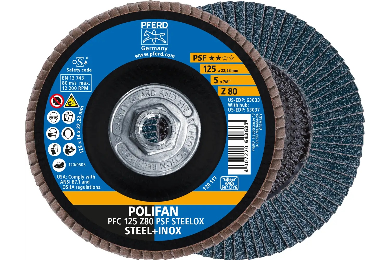 Picture of Pferd Flap Disc, 5" x 5/8-11, Z PSF Steelox, 80 Grit, T29, Conical, Zirconia